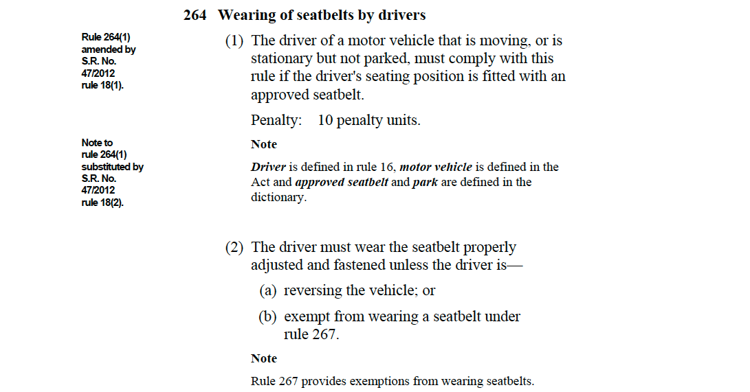 In the state of Victoria, Australia, you are exempt from wearing a seat belt when reversing. This road rule applies to all drivers.