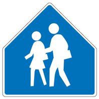 Most school signs are pentagon in shape.<p>This blue school sign has been replaced by the neon green sign.<p>These signs warn of a school in the area.