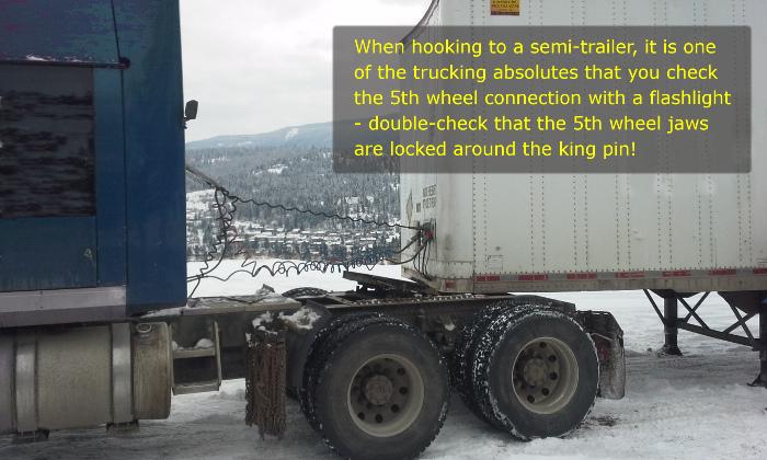 If the semi-trailer is not the correct height to hook to the 5th wheel, you could drop the king pin over the front. And it's really tough to get out.