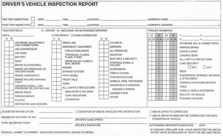 Many logbook sheets have both the logbook sheet and the pre-trip inspection form.<p>Fill out the pre-trip inspection form every 24-hours, any time you haul new equipment, or work off another driver.
