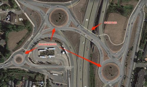 The roundabouts off the Patricia Bay Highway to the Victoria International Airport on Vancouver Island are an engineering blunder!