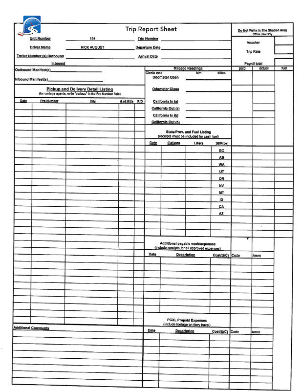 An example of a CDL trip sheet that must be filled out by the driver to ensure that both the company and the driver get paid.