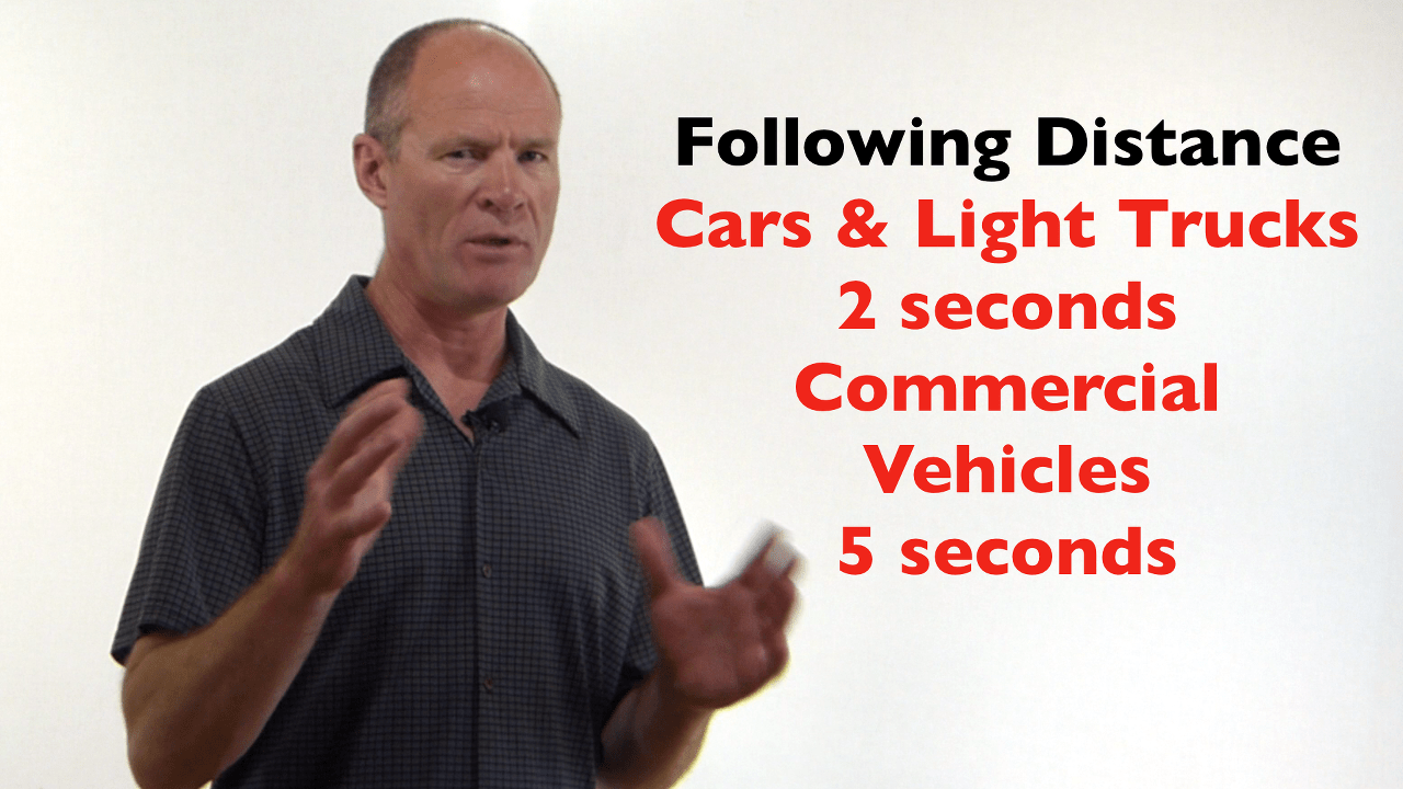 The following distance for a passenger vehicle is 2 seconds minimum under ideal condtions. For lager vehicles--RV, truck, or buss--it is 5 seconds minimum under ideal condtions.